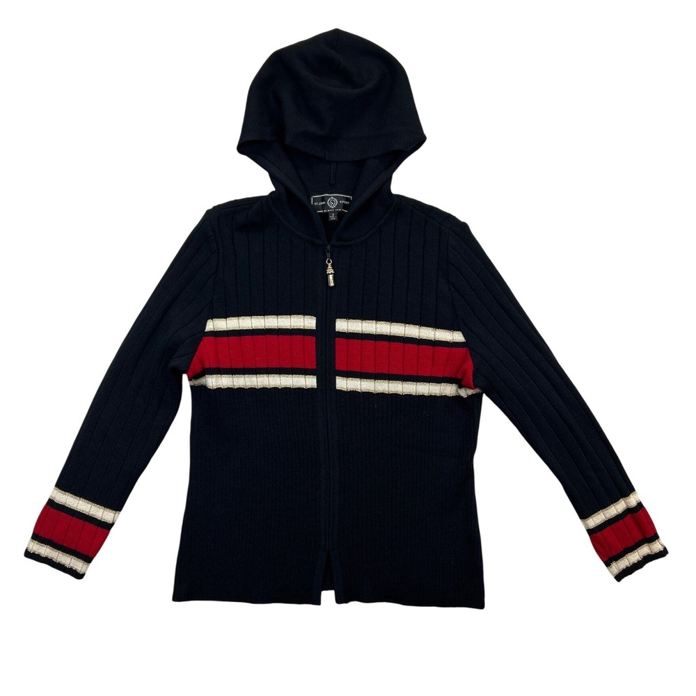 St John Sport Sweater Womens S Black Red White Stripe Full Zip‎ Hooded
